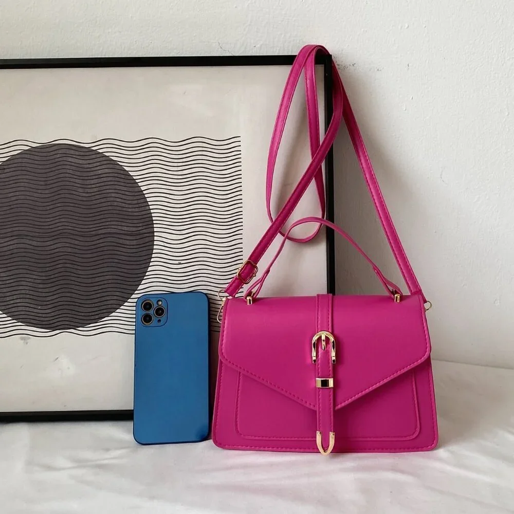 Hot Pink Casual Women's Minimalist Buckle Decor Flap Square Bag - Picture 3 of 5